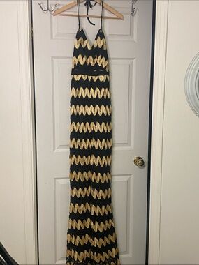 True Decadence Halter Maxi Dress with Gold Zigzag Pattern